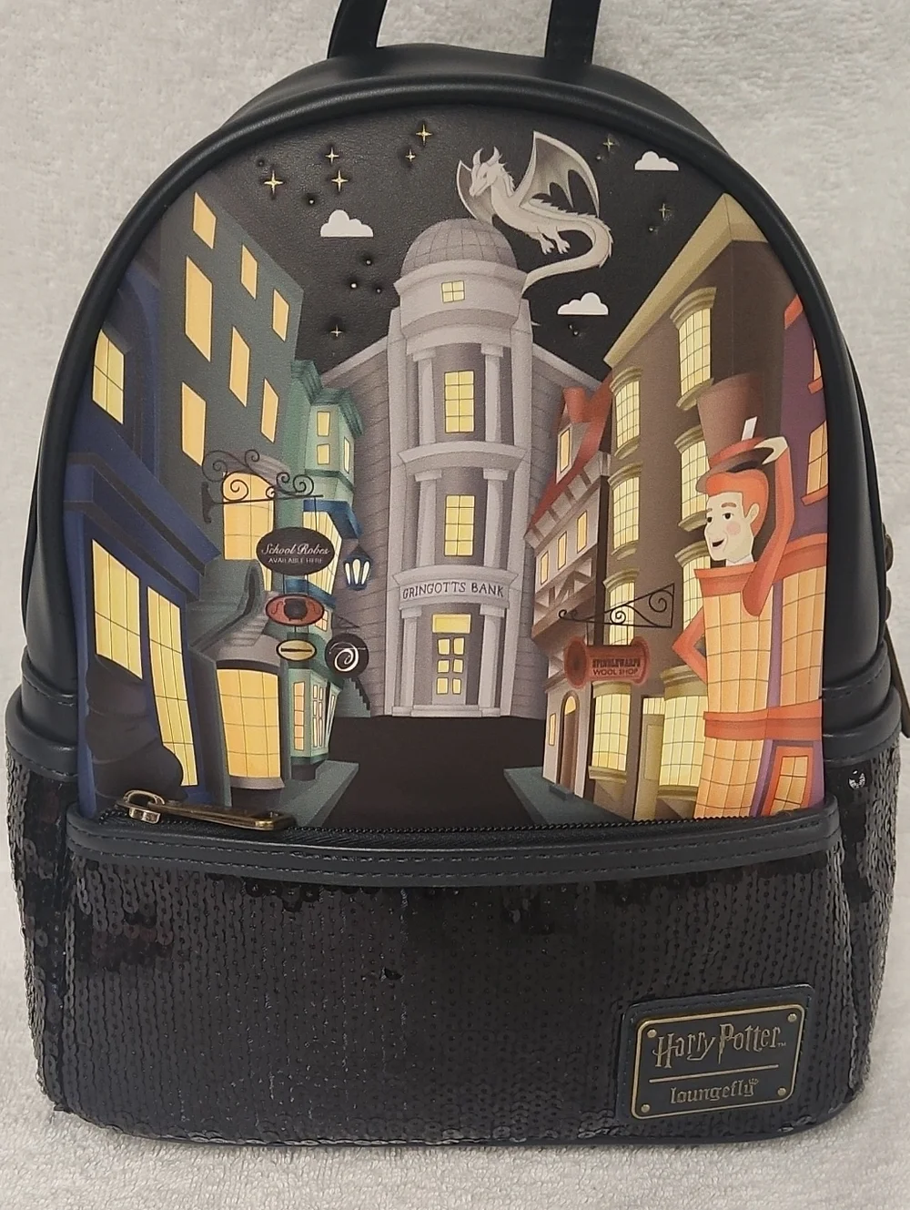 Loungefly Navy Diagon Alley Mini Backpack with Sequin Front Pocket